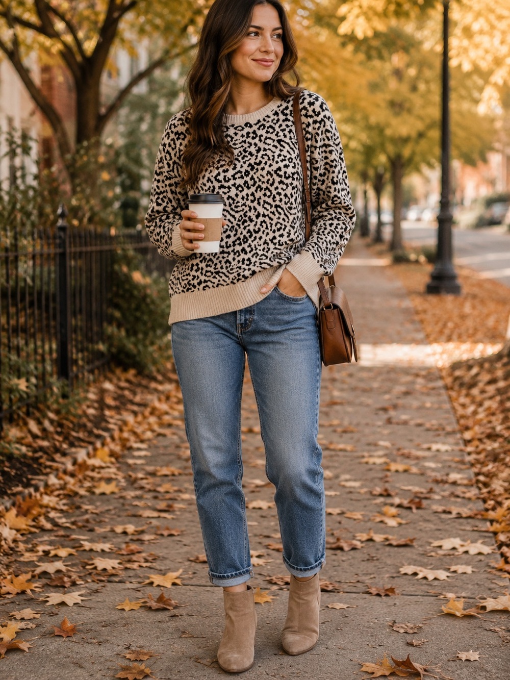 Faded Glory Leopard Print Crewneck Sweater XL 16-18 Beige Black Cozy